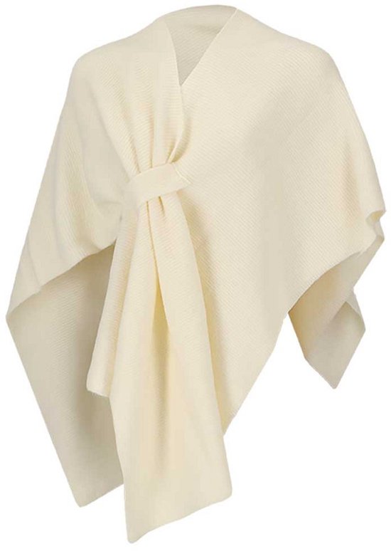 Crème gebreide poncho met gedrapeerde voorkant en lus aan de zijkant.