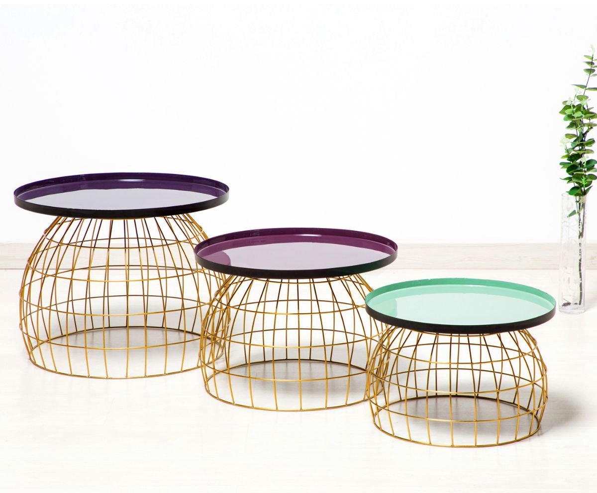 Floraya - Set 3 bijzettafels Laudatio - Paars/Violet/Lichtgroen - 40x40x26 cm + 45x45x32 cm + 50x50x42 cm (LxBxH)