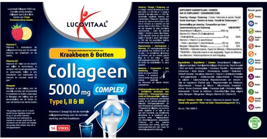 Achterkant van Collageen 5000mg Complex, met ingrediëntenlijst, gebruiksaanwijzing en afbeelding van knie en glas.