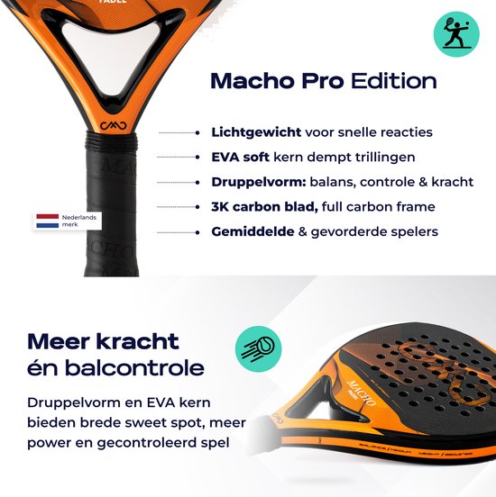 Macho Padel Racket Macho Padel Racket Pro Edition - Lichtgewicht - Druppelvorm - 3K Carbon ...