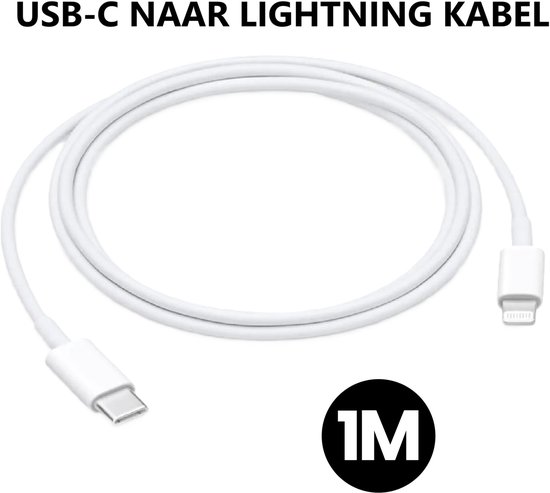 Witte USB-C naar Lightning kabel van 1 meter, opgerold.