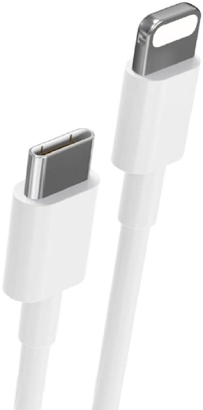 Witte USB-C naar Lightning kabel, close-up van de connectoren.