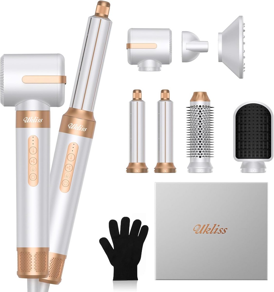 UKLISS® 7-in-1 Multistyler – Föhnborstel – Krulborstel – Krultang – Stijltang – Airstyler – Hairdryer Brush – Inclusief 7 Opzetstukken – Hittehandschoen – Wit