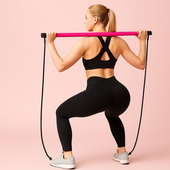 Relaxdays Pilates Stick with 2 Resistance Bands with Foot Loops Pilates Bar for Yoga Fitness Pink