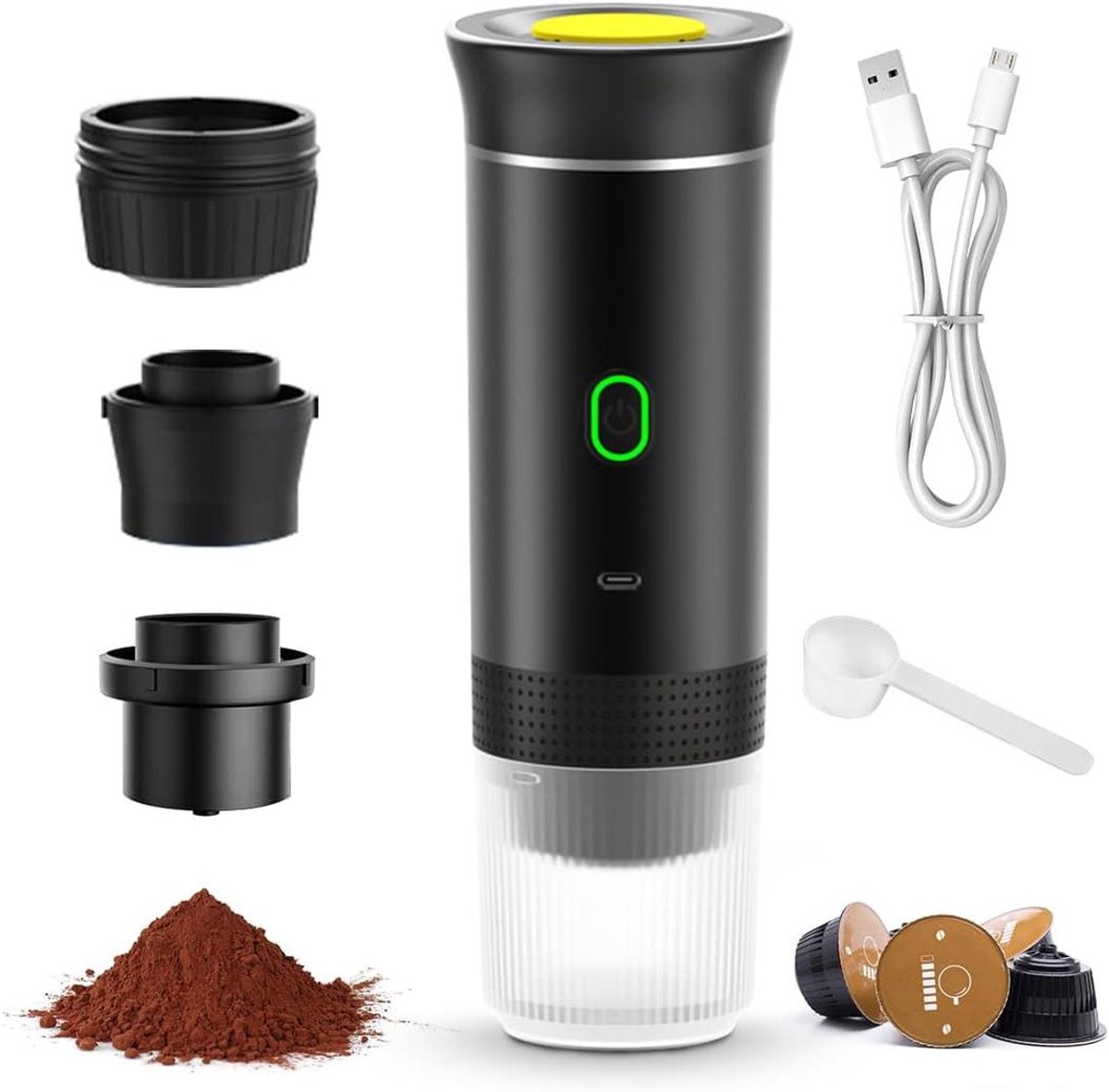 Allecto plus - Draagbare elektrische espressomachine met accu voor onderweg - 3-in-1 mini-capsulekoffiezetapparaat - Ideaal voor camping, reizen, kantoor, auto, wandelen - Draagbare koffiemachine