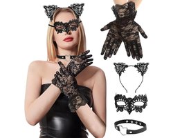 Allecto plus - Catwoman kostuum voor dames met Venetiaans masker - Kattenoren en sexy kanten hoofdband - Maskerade, cosplay en Halloween decoratie