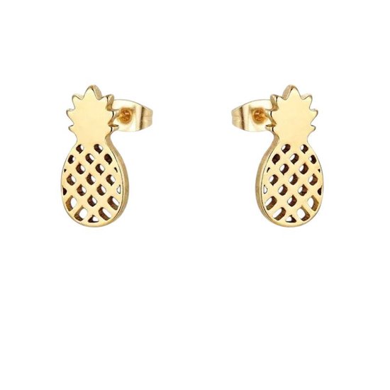 Aramat Jewels | Oorbellen | RVS Ananas Oorbellen Diverse Kleuren 10mm - Zomerse Pineapple Studs | Goudkleur | |5mm | Staal | Kinderen, Volwassenen | Verkleurd niet