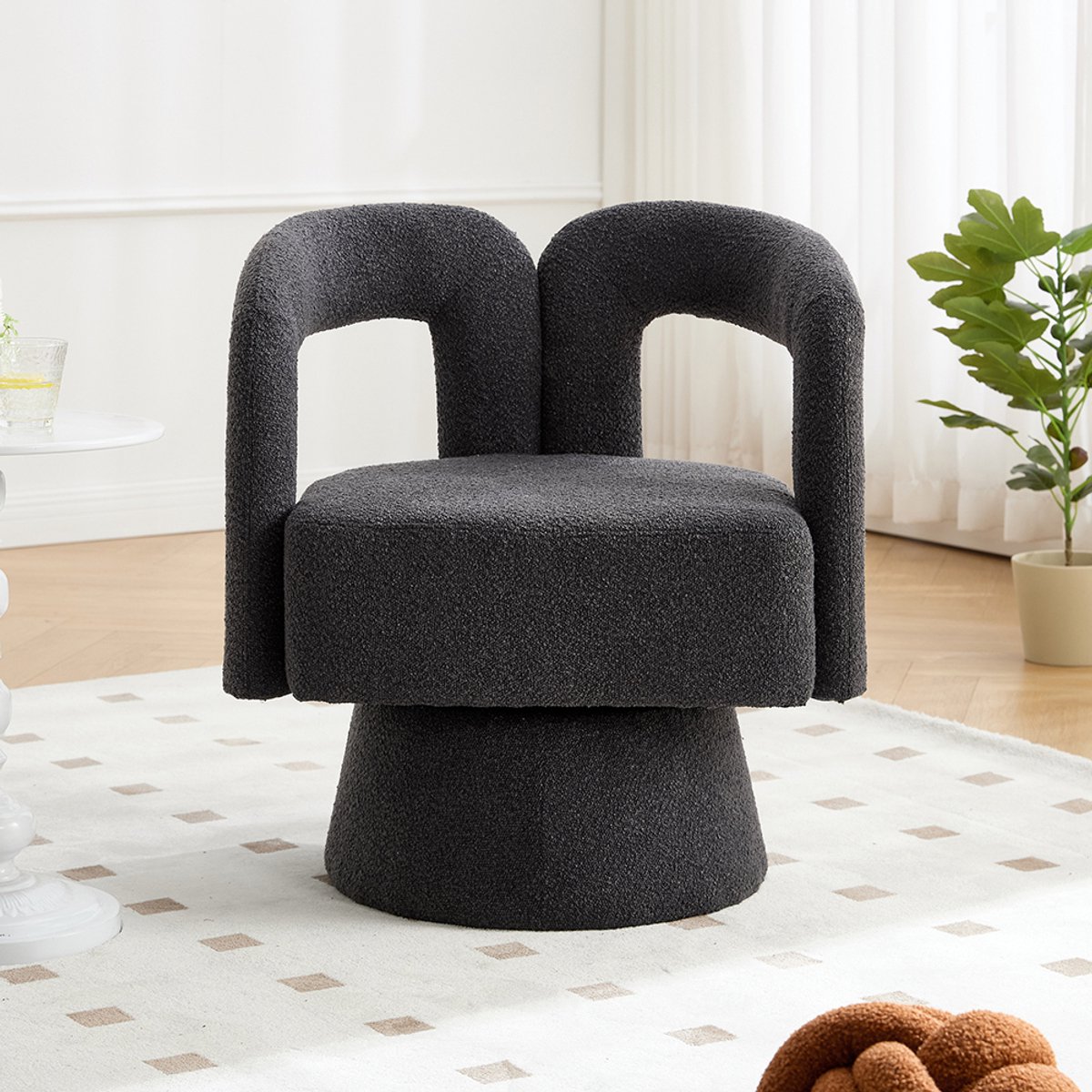 BLACKCOLORS 360 graden draaibare bijzetfauteuils, ronde fauteuils met brede vulling, fauteuils van zachte stof voor de woonkamer, slaapkamer, kantoor, wachtkamers, donkergrijs