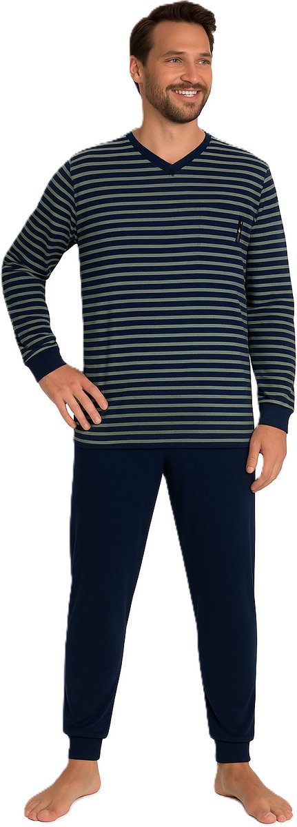 Outfitter - Heren pyjama lange mouw - blauw gestreept - maat M