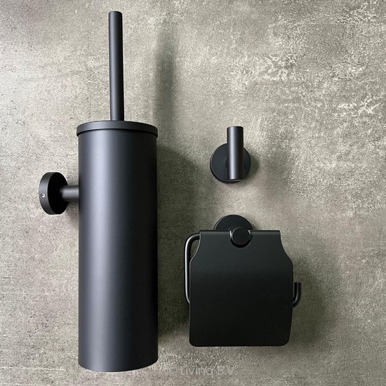 Toiletaccessoireset Zwart 3-delig - Luxe Toilet Set - Toiletborstel met Houder - Toiletrolhouder met klep - Handdoekhaak