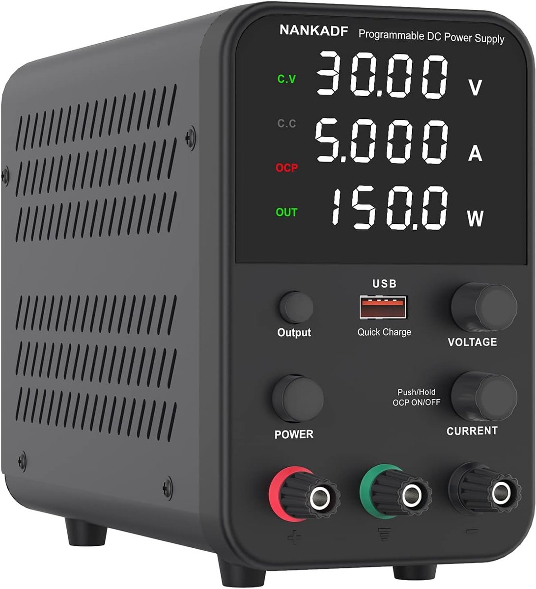 Instelbare DC-voeding 0-30V, 0-5A met 4-cijferige display en USB Snellaadinterface