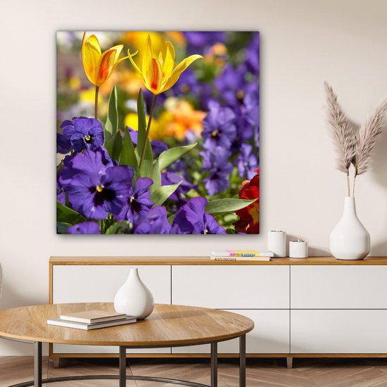 Toile Peinture Printemps - Fleurs - Couleurs - 90x90 cm - Décoration murale