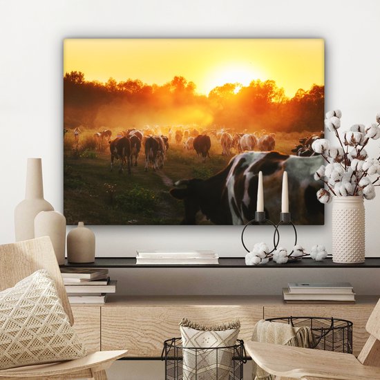 Tableau toile vache - Vache - Animaux - Nature - Coucher de soleil - Arbres - 80x60 cm - Toile - Décoration murale