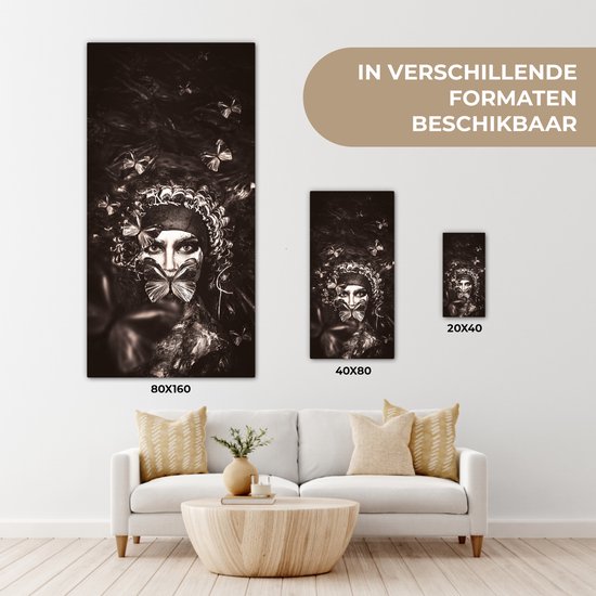 Toile Peinture Femme - Papillon - Zwart - Wit - 20x40 cm - Décoration murale