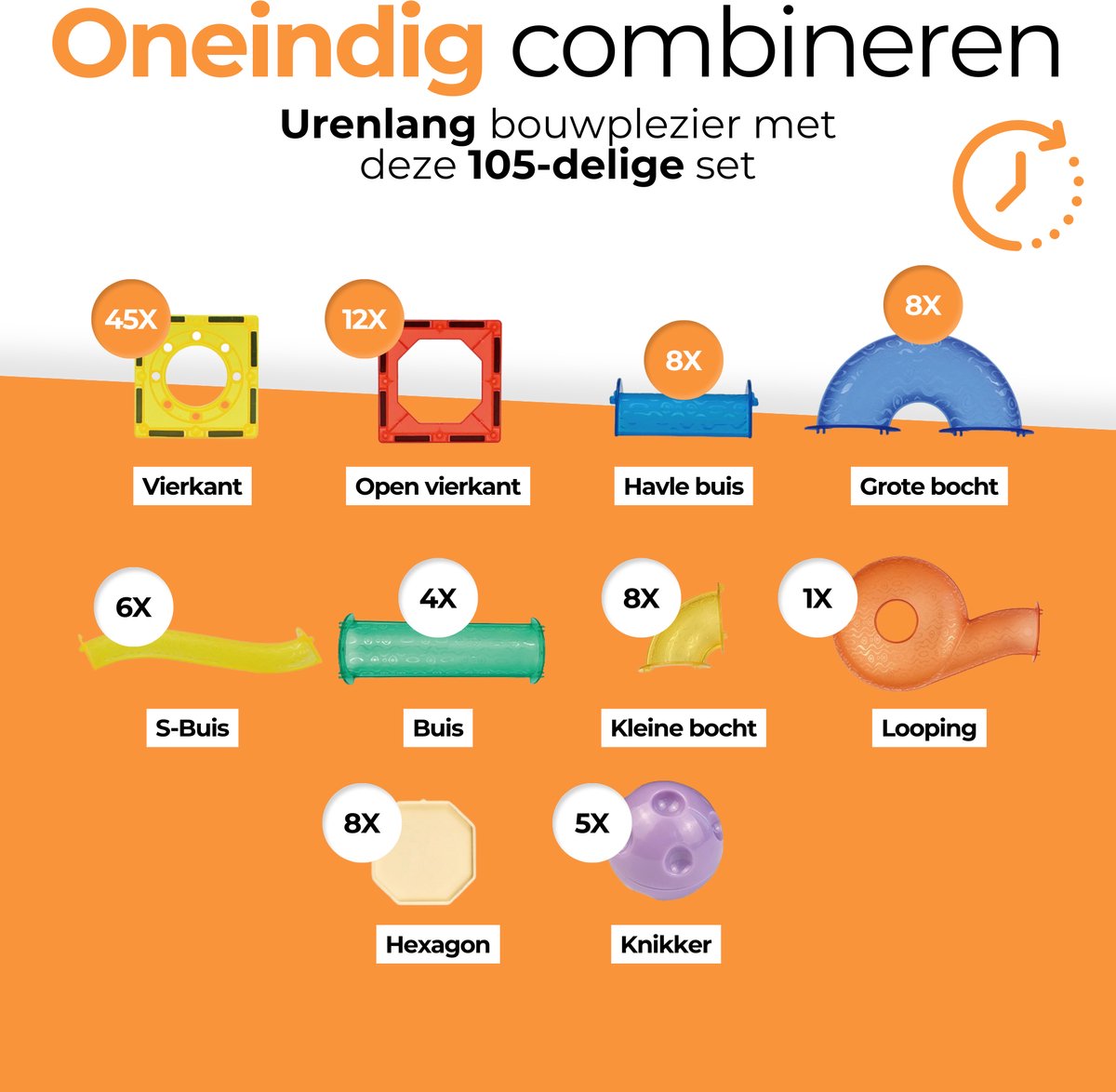 Magna Minds - Magnetic Tiles - Knikkerbaan - 105 stuks - Magnetisch Speelgoed - Constructie speelgoed - Magnetische tegels - Montessori speelgoed - Magnetic toys - Magnetische bouwstenen - Speelgoed Kinderen — afbeelding 2