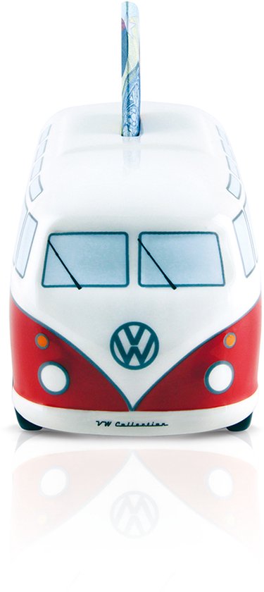 Vooraanzicht van een rode en witte VW T1 Bulli spaarpot met een 20 eurobiljet. De VW-logo is zichtbaar.