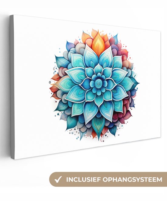 Tableau sur toile 150x100 cm - Décoration murale Mandala - Blauw - Fleurs - Wit - Décoration murale salon - Décoration chambre - Accessoires chambre - Peintures
