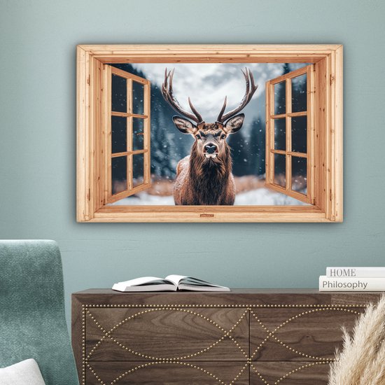 Tableau sur toile 90x60 cm - Décoration murale Vue - Cerf - Animaux - Paysage d'hiver - Neige - Décoration murale salon - Décoration chambre - Accessoires chambre - Peintures