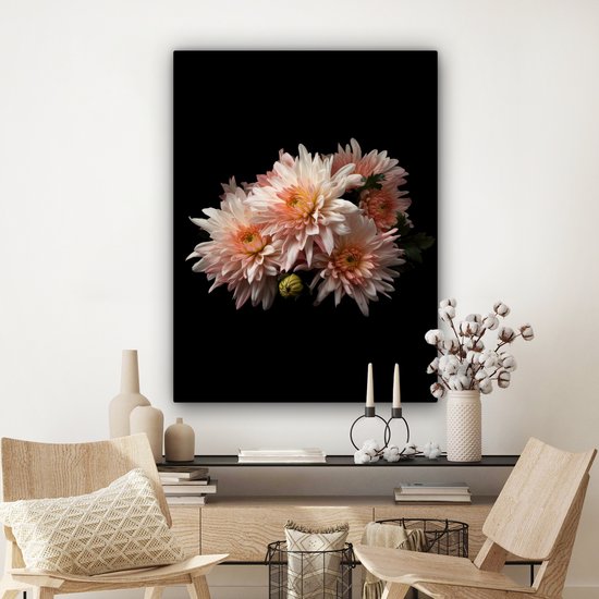Tableau sur toile Chrysanthème - Fleurs - Wit - Nature - Zwart - 90x120 cm - Décoration murale