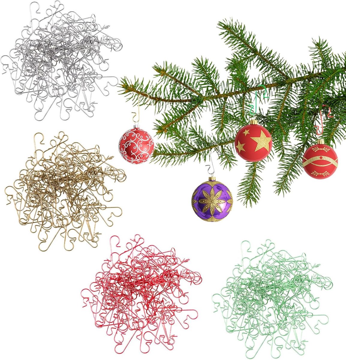 200 stuks Kerstboomhaken in goud, zilver, groen en rood.