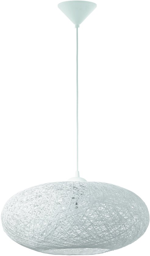 Witte hanglamp met een ovale lampenkap gemaakt van wit draad.
