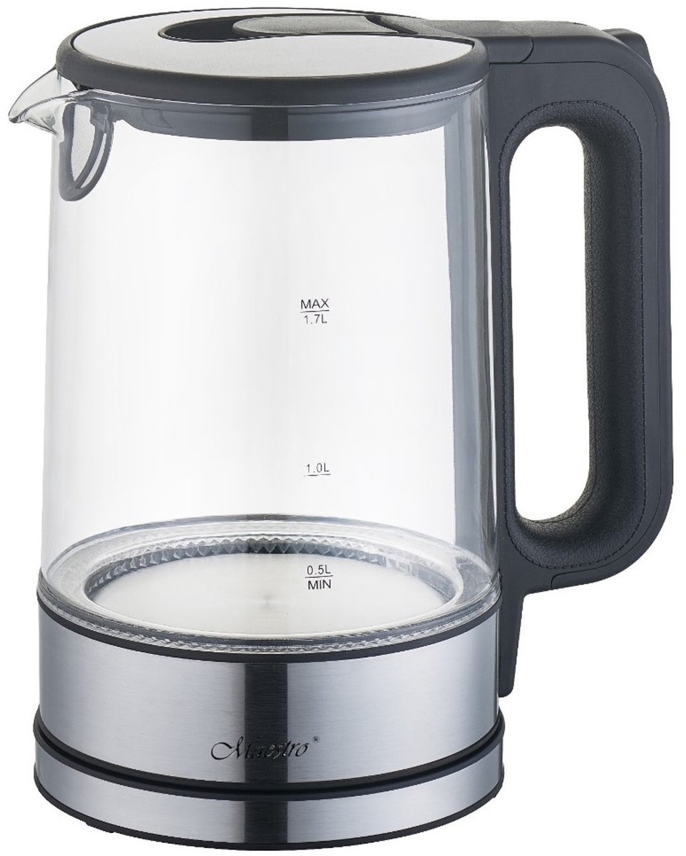 Maestro MR-053 Snoerloze Elektrische Waterkoker 1.7L Glas & Roestvrij staal Verlicht 2200W - Zwart