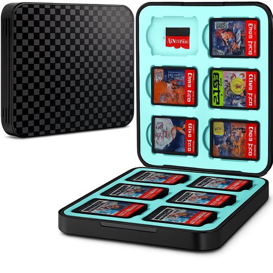 Zwarte gamecardhouder met schaakbordpatroon, open met 6 gamecards boven en 6 beneden.