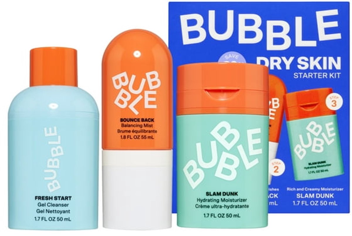 Bubble - Skincare 3-Step - Includes Fresh Start Gel Cleanser 50ml - Bounce Back Toner 55ml - Skincare Slam - Dunk Hydrating - Face Moisturizer - Skin care set - Geschenk set - Kerstcadeau - 50ml