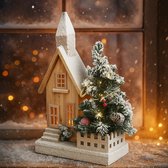Lomera Verlicht Kersthuis - Led Verlichting - Warm Wit Led - Houten Kersthuis - Werkt Op Batterijen - Aa-Batterijen - Micro Led - Kerstdecoratie - Kersthuisje - Kerstdorp - Sfeerverlichting - Winterdecoratie - Kerstdecoratie