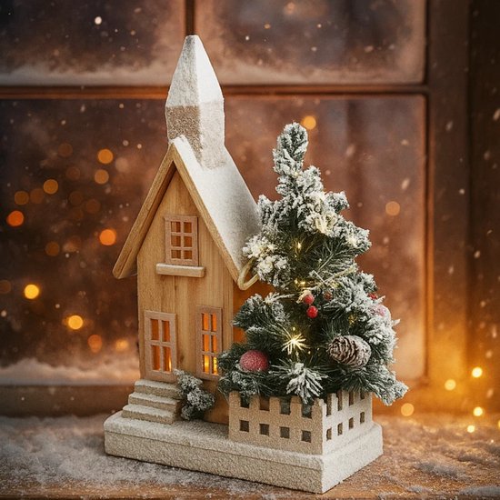 Lomera Verlicht Kersthuis - Led Verlichting - Warm Wit Led - Houten Kersthuis - Werkt Op Batterijen - Aa-Batterijen - Micro Led - Kerstdecoratie - Kersthuisje - Kerstdorp - Sfeerverlichting - Winterdecoratie - Kerstdecoratie