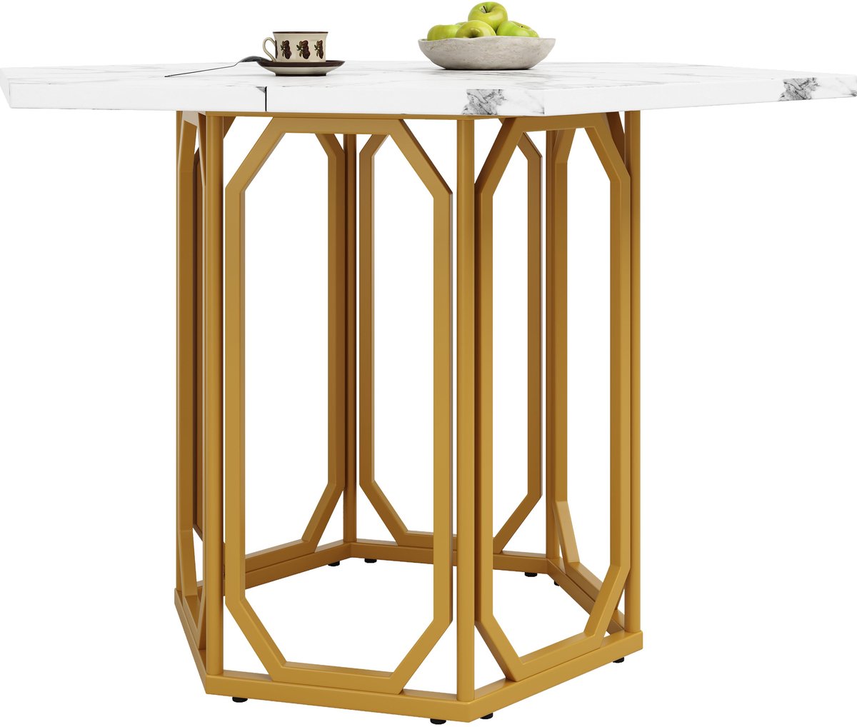 Merax Zeshoekige Eettafel met Marmerlook - Moderne Eettafel met Metalen Poten - MDF Tafel met Verstelbare Voeten - Goudkleurig Onderstel - 110x95x75 cm