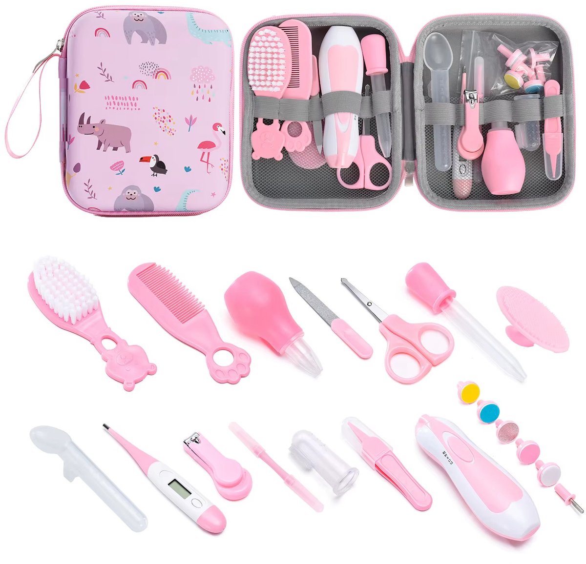 20-delige Babyverzorgingsset – Safari Dieren – Roze - Manicureset - Elektrische baby nageltrimmer - Nagelverzorging, Neusaspirator, Medicijnspuit, Thermometer & Siliconen Borstels