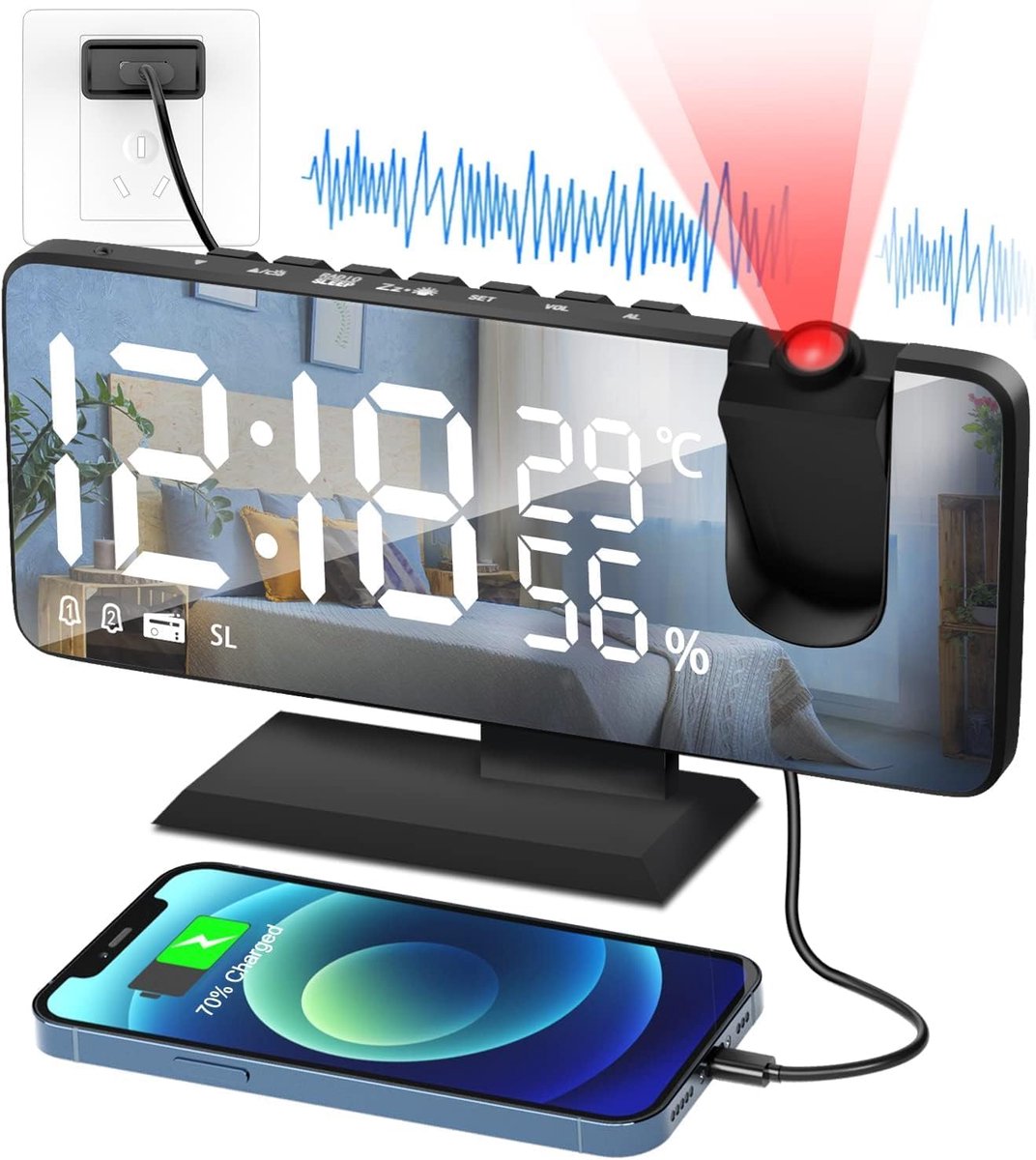 Digitale wekker met projectie en USB-oplaadpoort - 7,4 inch LED-display, temperatuur, luchtvochtigheid en dubbele alarmfunctie