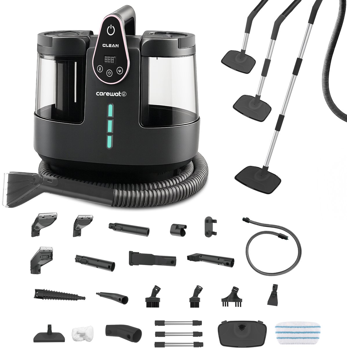 Carewat 2-in-1 Stoomreiniger met Zuigfunctie – 130°C Hogedrukstoom – Dubbel Tanksysteem – 23 Accessoires – Voor Vloer, Tapijt, Bank & Auto