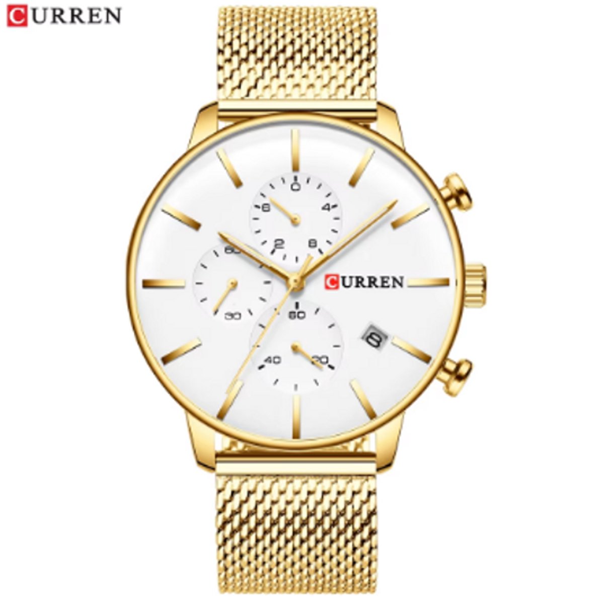 CURREN Horloge 8339 - Goudkleurig-Wit - Heren - Quartz - Kalender - Mesh Band - Luxe en Elegant