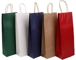 25 x Wijntas 14+8x39cm voor 1 Fles Mix 1 rood bruin wit blauw groen /Flestas papier / Cadeauverpakking /draagtas voor Fles/wijn / Fleszak · Fles zak /