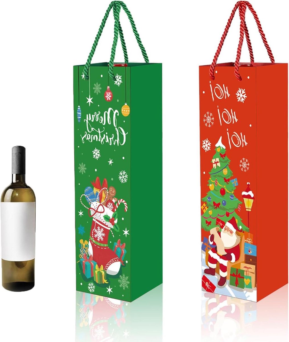 JHubers Goods - Kerstfles geschenkzakjes multipack met handvat - 12 stuks - Rode wijn, whisky, champagne - Nieuwjaar Xmas verpakking - Kerstrood en groen - Feestelijke cadeauverpakking