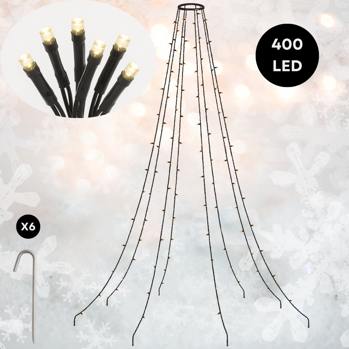 Lomera Vlaggenmast Verlichting - 400 LED - 800 CM - Warm Wit Licht - 10 Strengen - Buitenverlichting - Ip44 - Kerstverlichting - Vlaggenmast Kerstboom - 40 Led Lampjes Per Streng - Zwart Draad - 7 Meter Aansluitsnoer