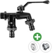 Deltaline - Robinet extérieur - Robinet double ½ pouce - 2 sorties Gardena ¾ pouce - Robinet à boisseau sphérique antigel Zwart - Résistant au gel - Avec ruban PTFE et bague de réduction Extra en acier inoxydable ½ x ¾ pouce