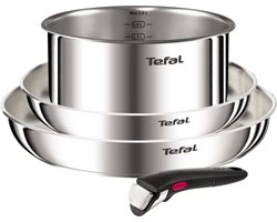 Tefal Ingenio Emotion L896S453 – 4-delige pannenset – Inox 2 braadpannen & 1 steelpan – Afneembare handgreep – Stapelbaar – Inductiegeschikt – Ovenbestendig – Compact kookgerei