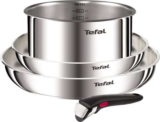 Tefal Ingenio Emotion L896S453 – Set 4 pièces – Poêles & casserole inox – Manche amovible – Empilable – Compatible induction – Cuisson au four – Batterie de cuisine compacte