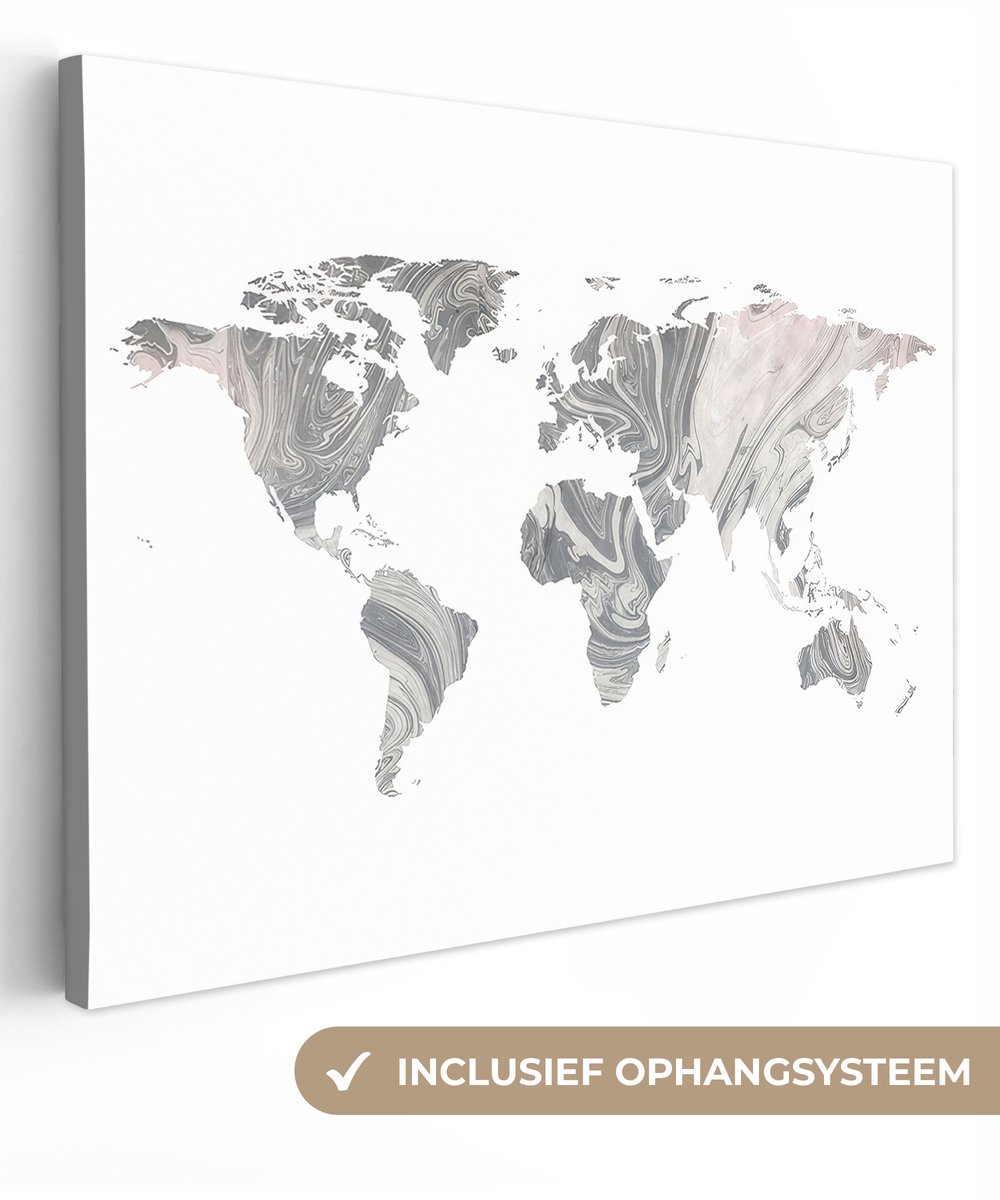 Canvas schilderij 80x60 cm - Wanddecoratie Wereldkaart - Verf - Grijs - Muurdecoratie woon