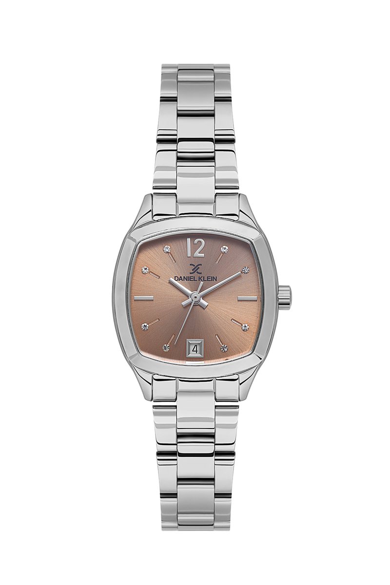 Daniel Klein DK.1.13912-2 - Horloge - Polshorloge - Analoog - Dames - Vrouwen- Vierkant - Stalen band - Metaal - Datumaanduiding - Strepen - Cijfers -Bolletjes - Zilverkleurig - Briljant - Lichtroze - Wit - Zwart