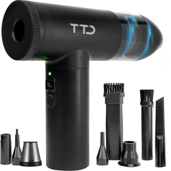 Dépoussiéreur d'air sans fil noir avec indication de batterie à 75% et divers accessoires, y compris des brosses et des embouts d'aspiration.