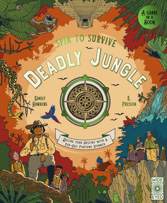 Cover van het boek 'Deadly Jungle'. Een avonturier met een hoed staat vooraan in een weelderige jungle met een kompas-spinner.
