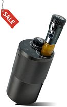 Donkergrijze diffuser met een uitstekend flesje gele vloeistof, met 'SALE'-label.