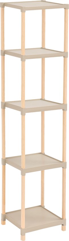Étagère de rangement modulaire en bois FixWood – Massief Hout et plastique – Étagère de salle de bain, de cuisine ou pour plantes – Hauteur : 127 cm – Beige/Naturel