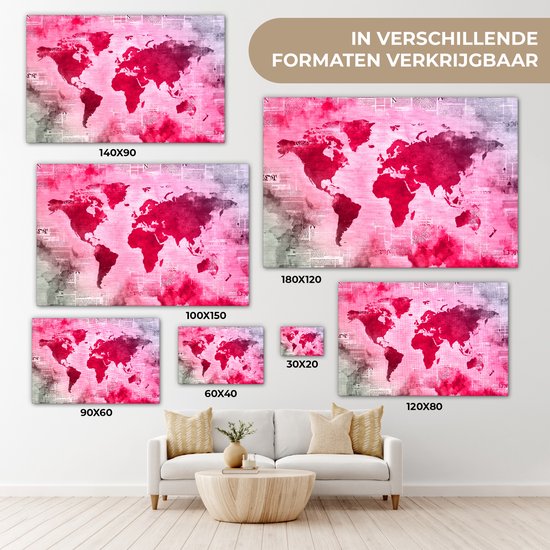 Wereldkaart avec peinture rose vif sur fond avec journal 90x60 cm