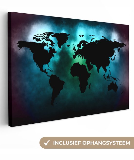 Carte du monde noir sur fond sombre aux couleurs des aurores boréales 140x90 cm