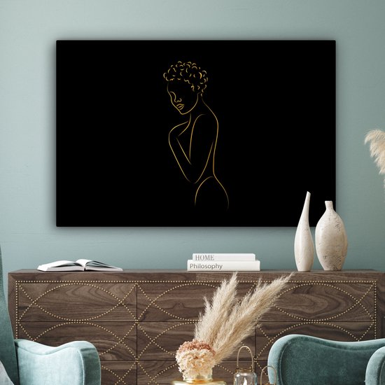 Toile Peinture Femme - Zwart - Or - Dessin au trait - Line cm - Décoration murale